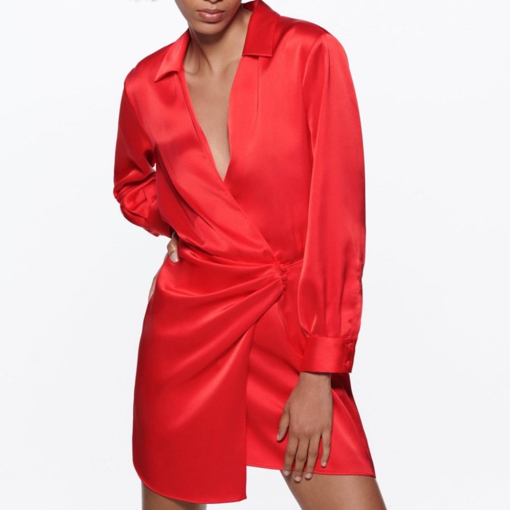 ZARA Women’s Red Satin Effect Wrap Dress